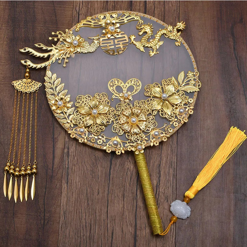 Chinese Traditional Wedding Bridal Fan Vintage Flower Red Golden Noiva Jewelry