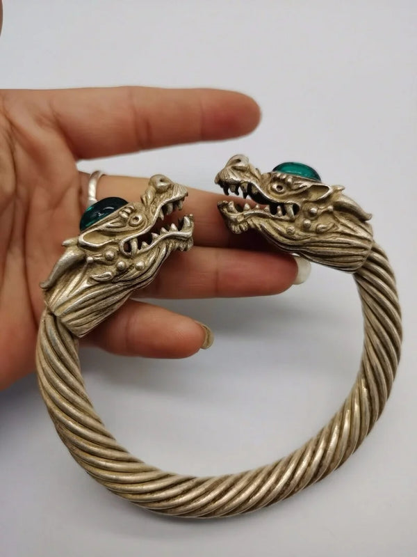 Jade Inlaid Tibetan Silver Bracelet