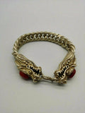Chinese Red Jade Dragon Inlaid Tibetan Silver Bracelet