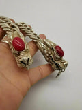 Chinese Red Jade Dragon Inlaid Tibetan Silver Bracelet