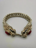 Chinese Red Jade Dragon Inlaid Tibetan Silver Bracelet
