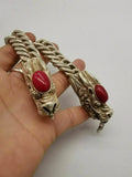 Chinese Red Jade Dragon Inlaid Tibetan Silver Bracelet
