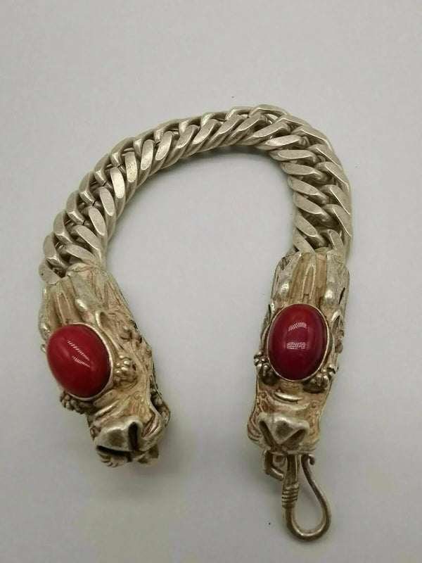 Chinese Red Jade Dragon Inlaid Tibetan Silver Bracelet
