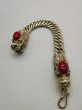 Chinese Red Jade Dragon Inlaid Tibetan Silver Bracelet