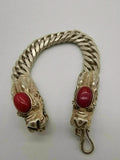 Chinese Red Jade Dragon Inlaid Tibetan Silver Bracelet