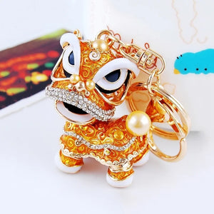 Chinese Crystal Rotatable Lion Dance Men Car Keychain Lucky Year Gift