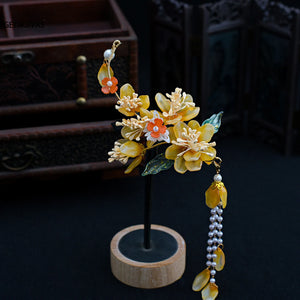 Chinese Glazed Hair Clips Flower Hairpin Tassel Pearl Headpiece