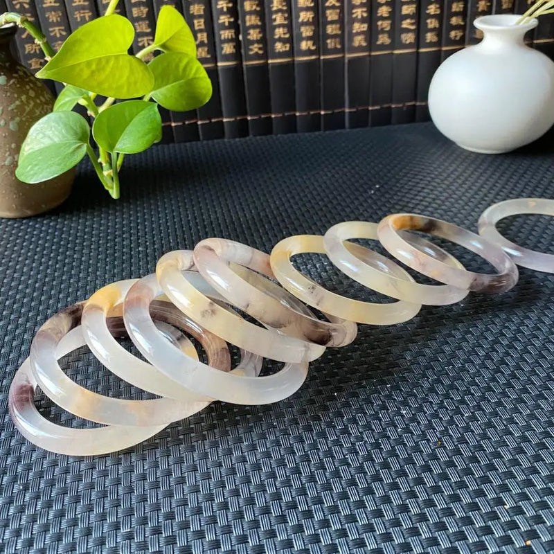 Chinese Golden Silk Jade Round Bar Bracelet Hand-Carved Woman Luck Amulet