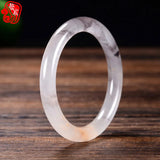Chinese Golden Silk Jade Round Bar Bracelet Hand-Carved Woman Luck Amulet