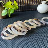 Chinese Golden Silk Jade Round Bar Bracelet Hand-Carved Woman Luck Amulet