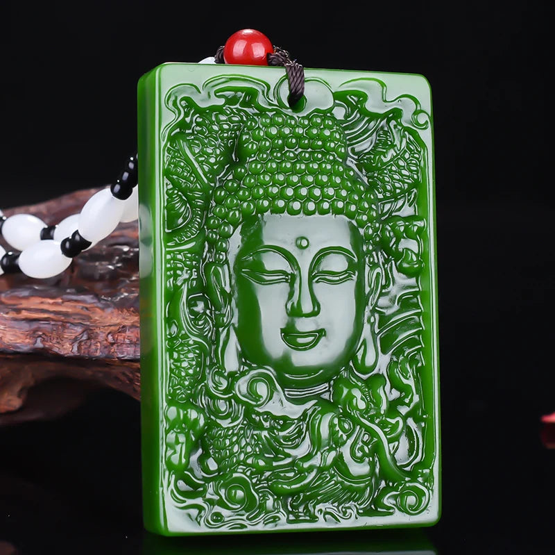 Green Jade Buddha Pendant Necklace Hand-Carved Amulet