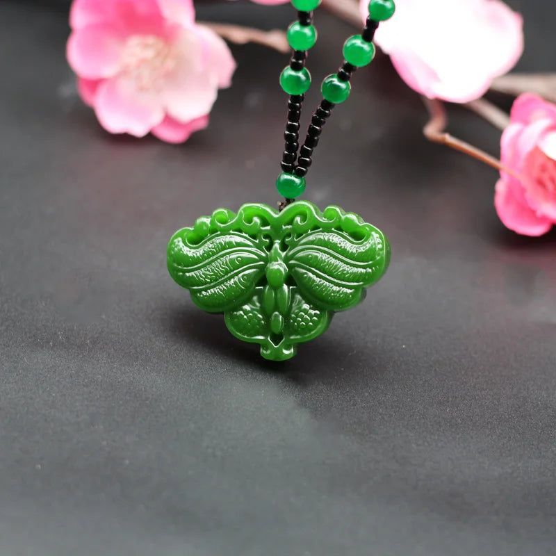 Chinese Green Jade Butterfly Pendant Necklace Natural Jadeite Hand-Carved Charm