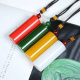 Chinese Green Jade Cylinder Pendant Necklace Charm Men Luck Amulet