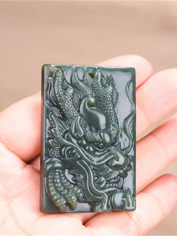 Chinese Green Jade Dragon Pendant Lucky Auspicious Amulet Necklace