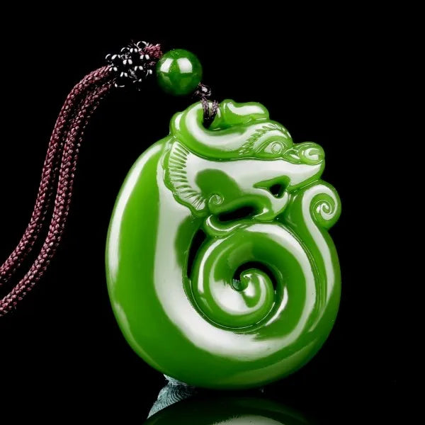 Chinese Green Jade Dragon Pendant Necklace Jewellery Hand-Carved Luck Amulet