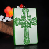 Green Jade Hollow-out Cross Pendant Necklace Charm Hand-Carved Luck Amulet