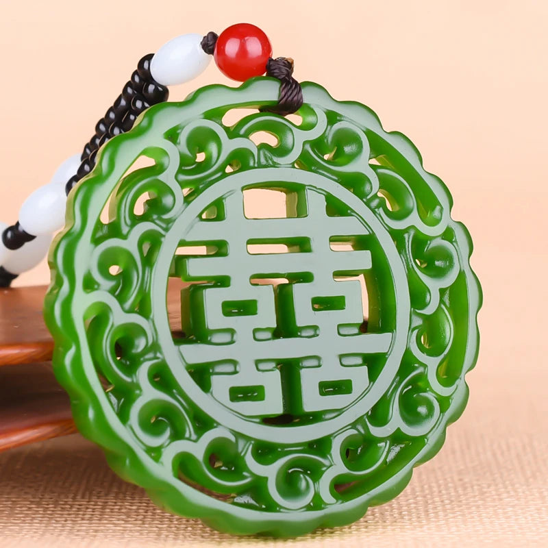Chinese Green Jade Happy Pendant Necklace Charm Jewellery