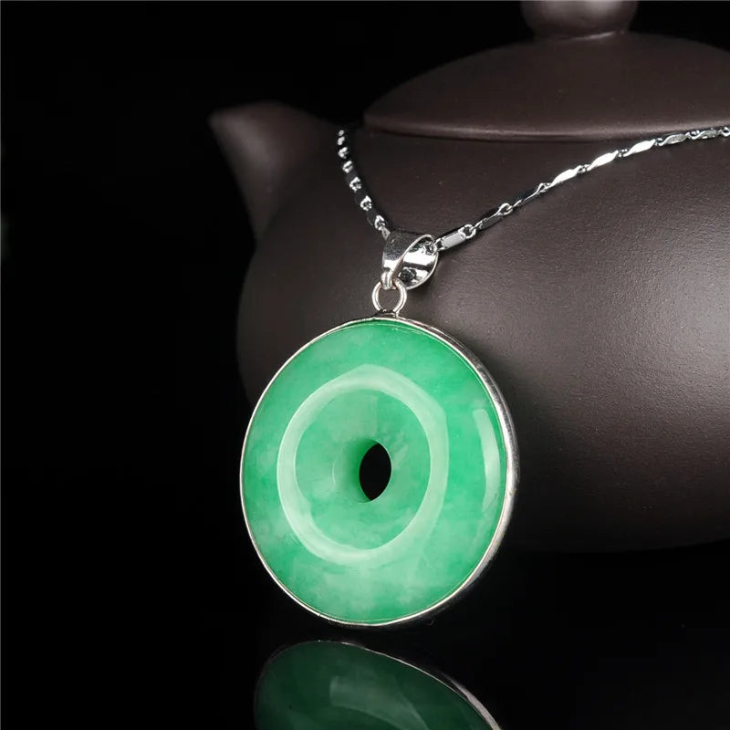Green Jade Safety Buckle Necklace Charm Woman Lucky Amulet