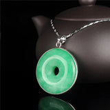 Green Jade Safety Buckle Necklace Charm Woman Lucky Amulet
