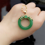 Green Jade Safety Buckle Pendant Beads Necklace Charm Woman Lucky Amulet
