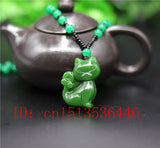 Chinese Green Jade Cat Pendant Necklace Charm Hand-Carved Amulet