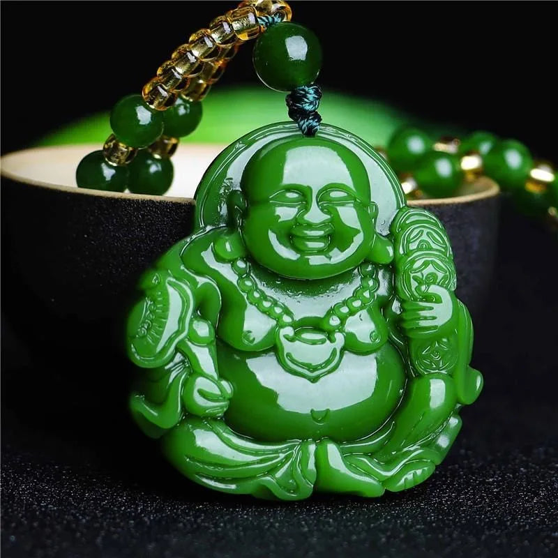 Chinese Green Jade Maitreya Buddha Pendant Necklace Charm