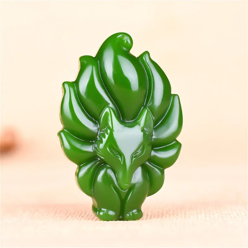 Hand-Carved Chinese Green Jade Nine-Tailed Fox Pendant Necklace