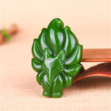 Hand-Carved Chinese Green Jade Nine-Tailed Fox Pendant Necklace