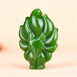 Hand-Carved Chinese Green Jade Nine-Tailed Fox Pendant Necklace