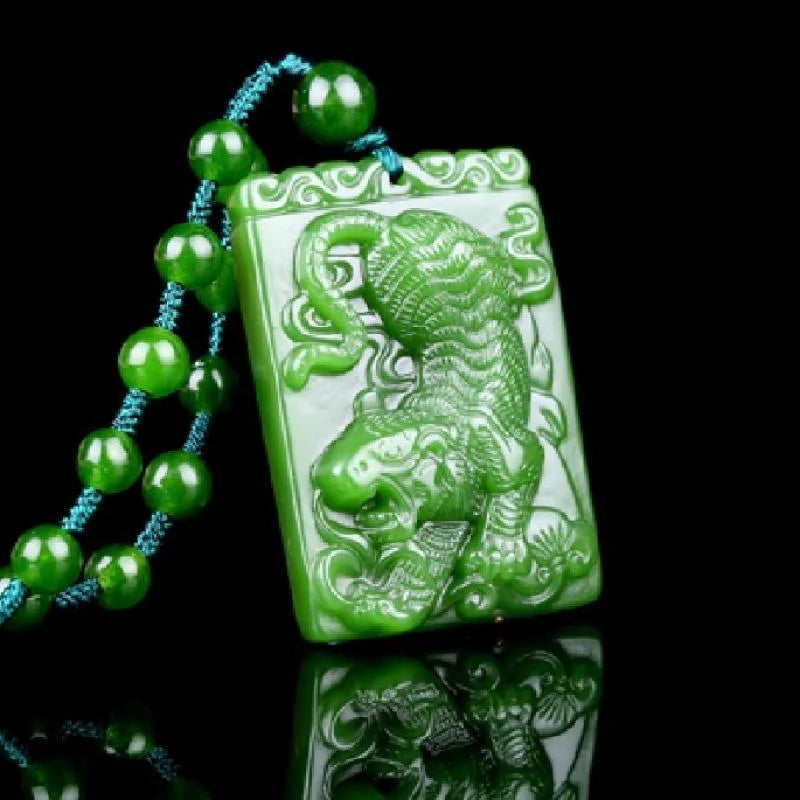 Chinese Green Jade Tiger Pendant Necklace Charm Jadeite Jewelry Carved Amulet