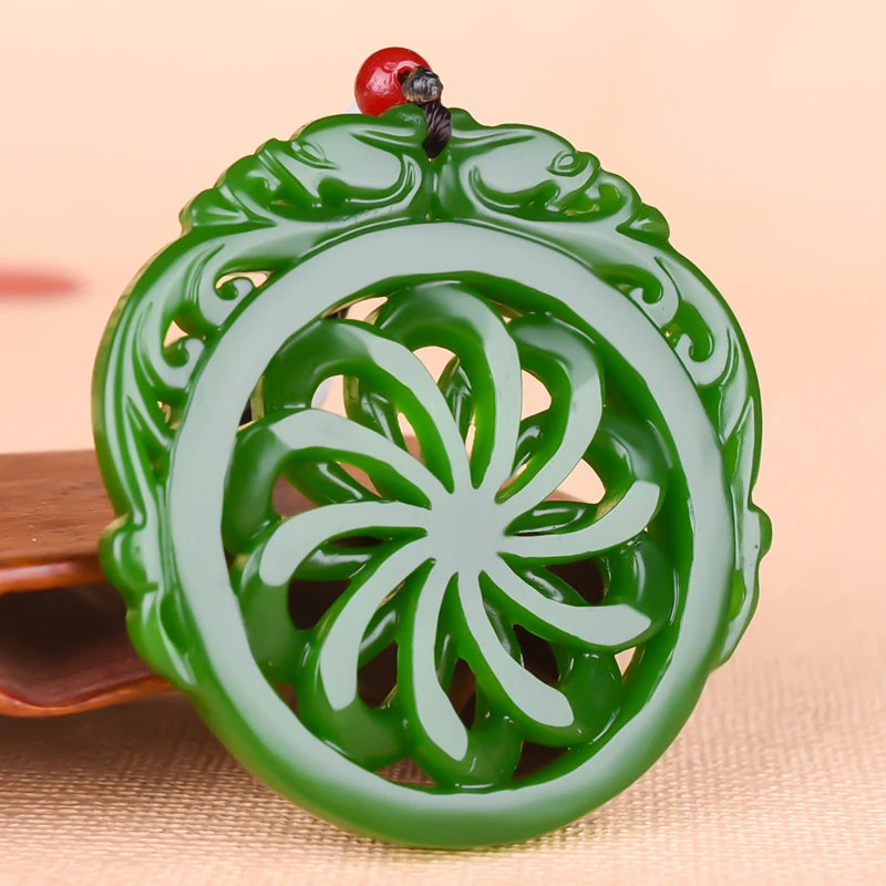 Chinese Green Jade Hollow Wind-Fire Wheel Pendant Necklace Charm