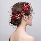 Chinese Hair Accessories Red Flower Bride Hair Clip Barrette Wedding Headwear