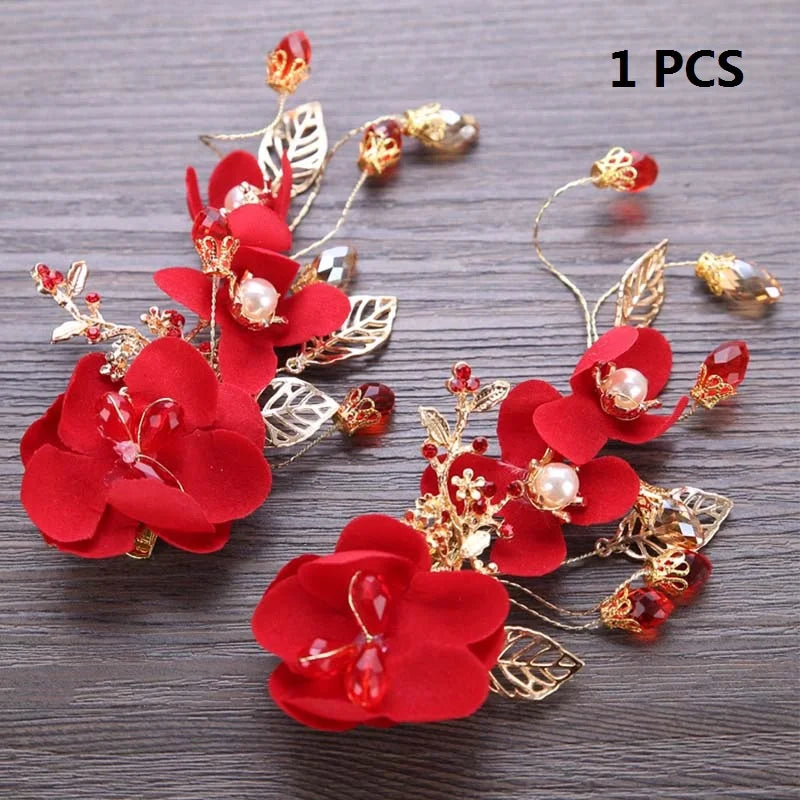 Chinese Hair Accessories Red Flower Bride Hair Clip Barrette Wedding Headwear
