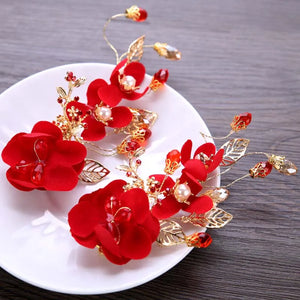 Chinese Hair Accessories Red Flower Bride Hair Clip Barrette Wedding Headwear