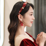 Chinese Vintage Red Flower Pearl Headband for Women Bridal Wedding Hanfu