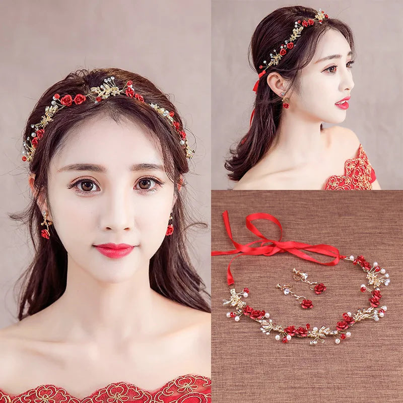 Chinese Vintage Red Flower Pearl Headband for Women Bridal Wedding Hanfu