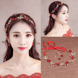 Chinese Vintage Red Flower Pearl Headband for Women Bridal Wedding Hanfu