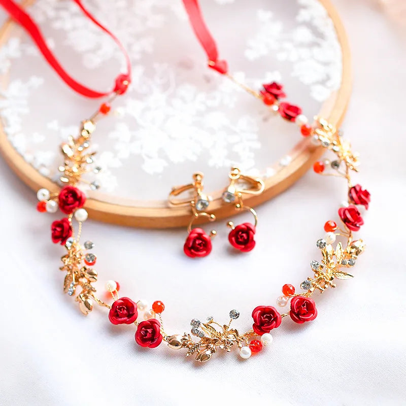 Red Flower Pearl Hairband Vintage Bridal Hair Accessories