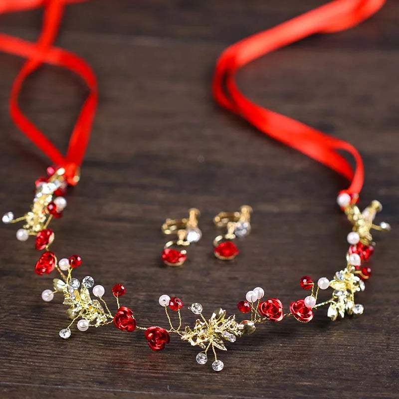 Chinese Vintage Red Flower Pearl Headband for Women Bridal Wedding Hanfu