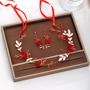 Chinese Vintage Red Flower Pearl Headband for Women Bridal Wedding Hanfu
