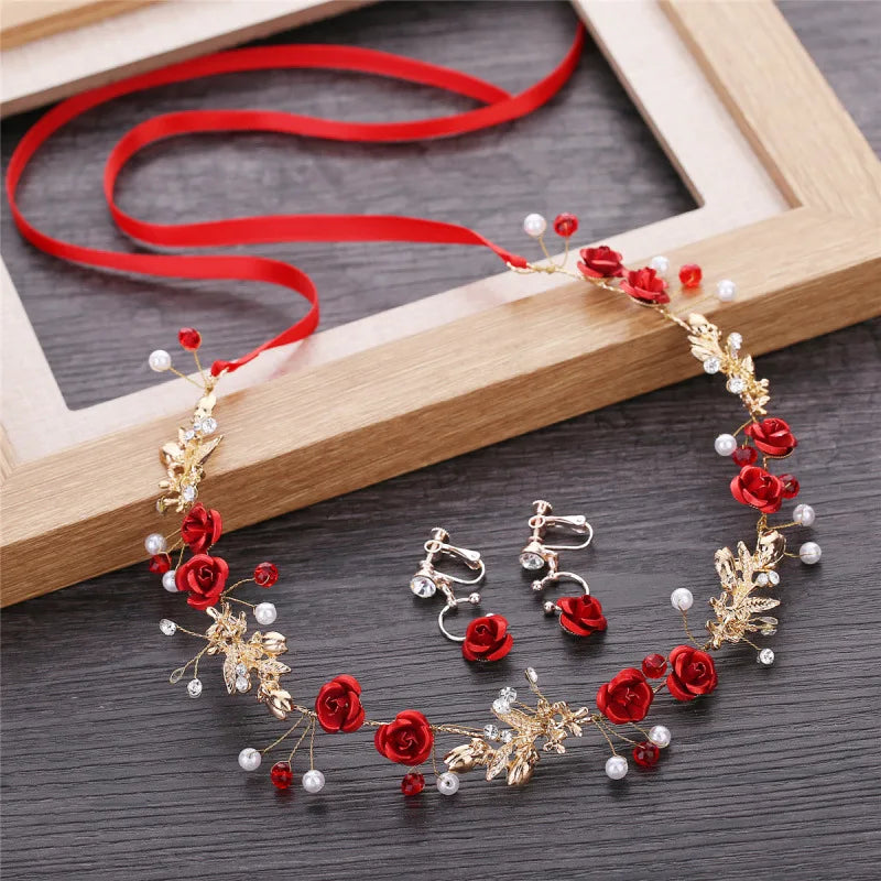 Red Flower Pearl Hairband Vintage Bridal Hair Accessories