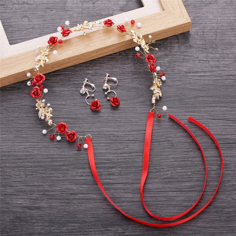 Red Flower Pearl Hairband Vintage Bridal Hair Accessories
