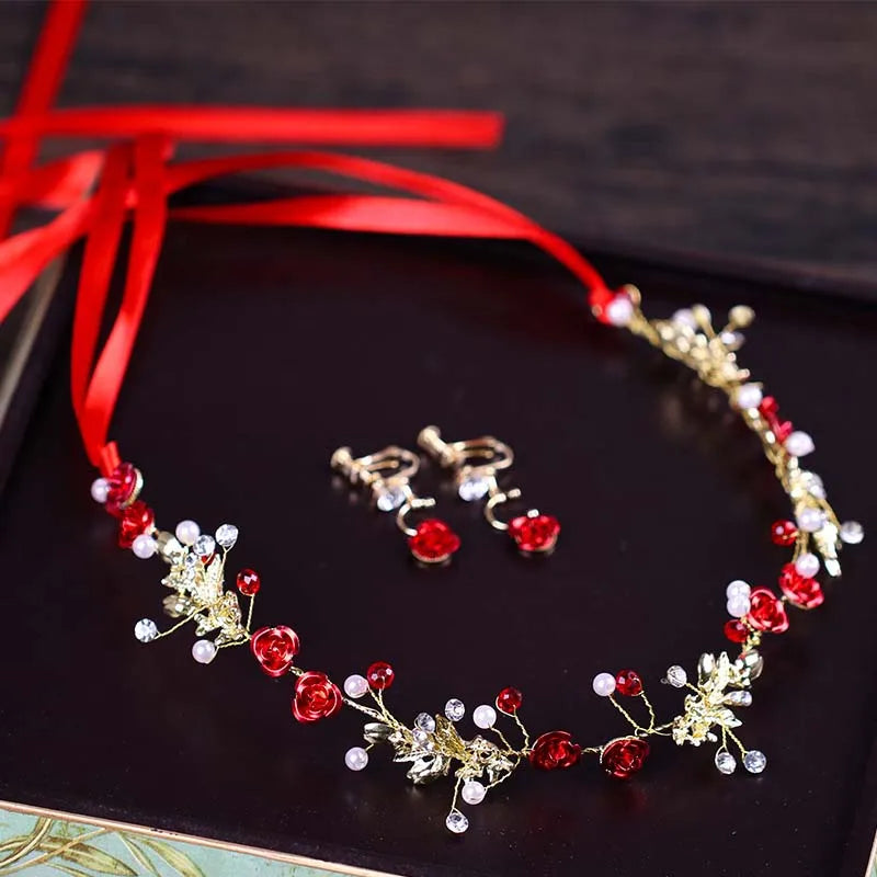 Chinese Vintage Red Flower Pearl Headband for Women Bridal Wedding Hanfu