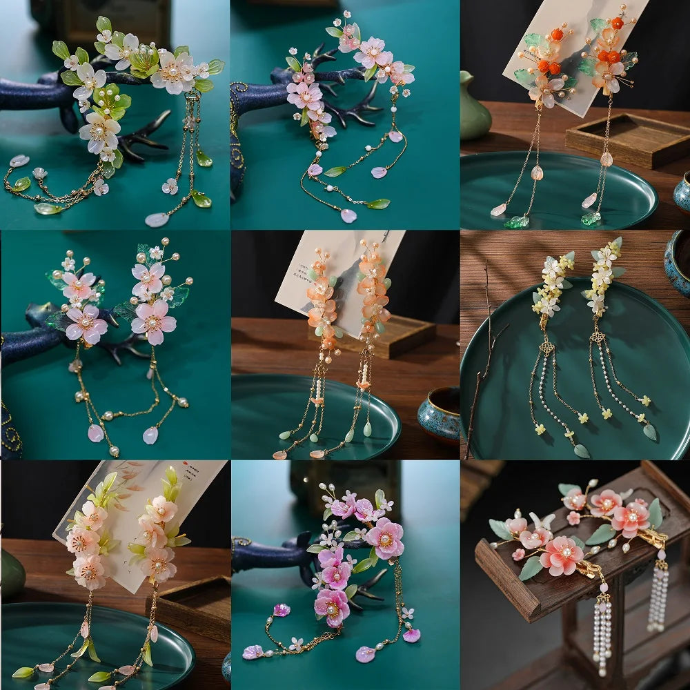 Chinese Vintage Hair Clips Flower Tassel Barrettes Antique Wedding Jewelry