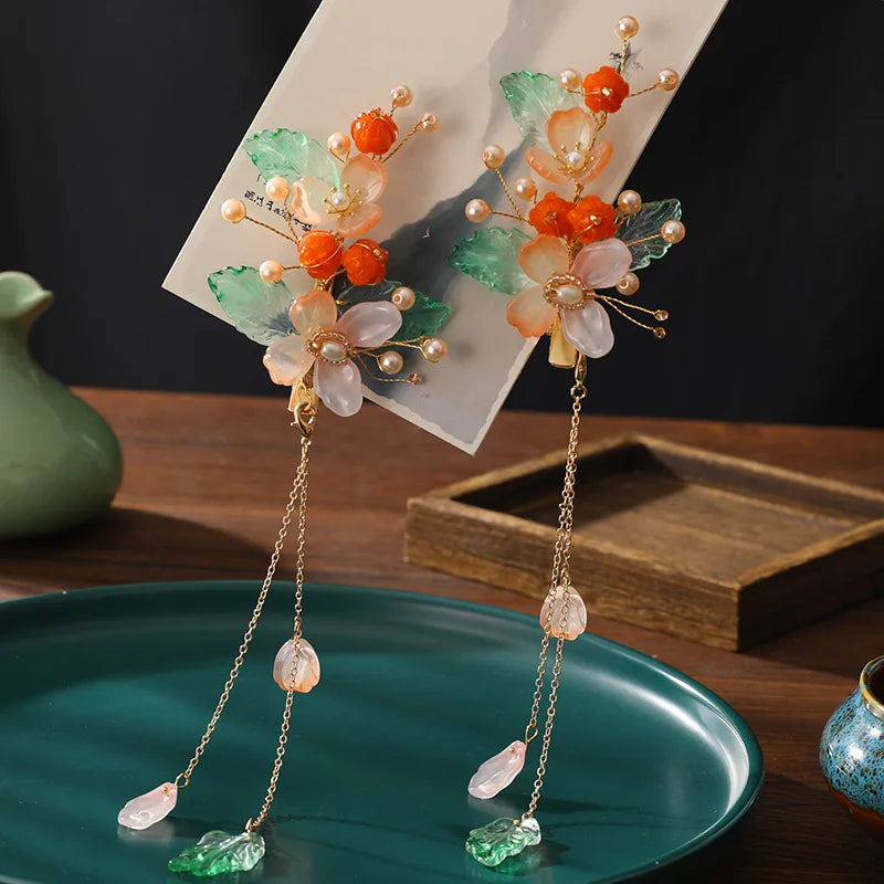 Chinese Vintage Hair Clips Flower Tassel Barrettes Antique Wedding Jewelry