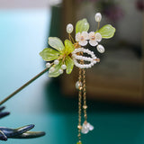 Chinese Flower Tassel Hairpins Forks Green Hair Stick Metal Hair Clips