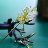 Chinese Flower Tassel Hairpins Forks Green Hair Stick Metal Hair Clips