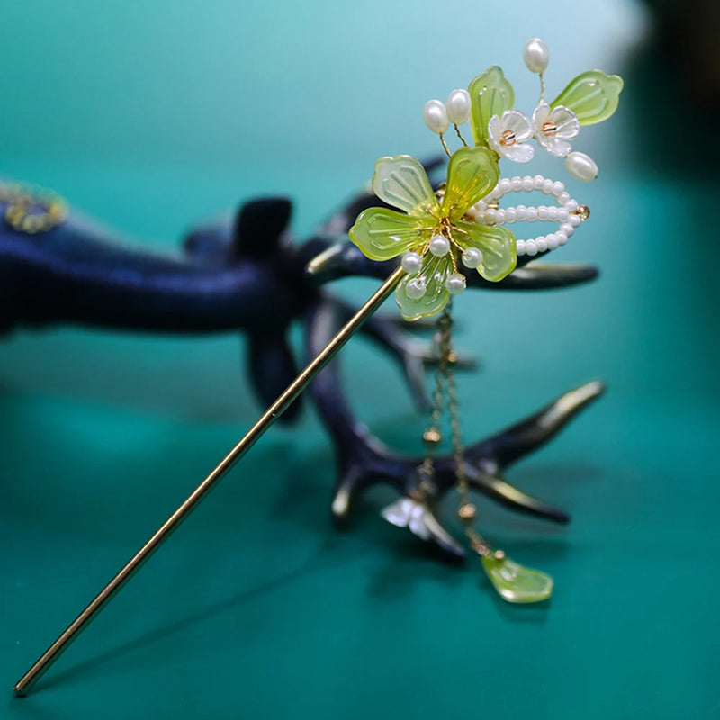 Chinese Flower Tassel Hairpins Forks Green Hair Stick Metal Hair Clips