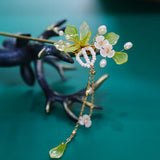 Chinese Flower Tassel Hairpins Forks Green Hair Stick Metal Hair Clips