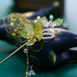 Chinese Flower Tassel Hairpins Forks Green Hair Stick Metal Hair Clips